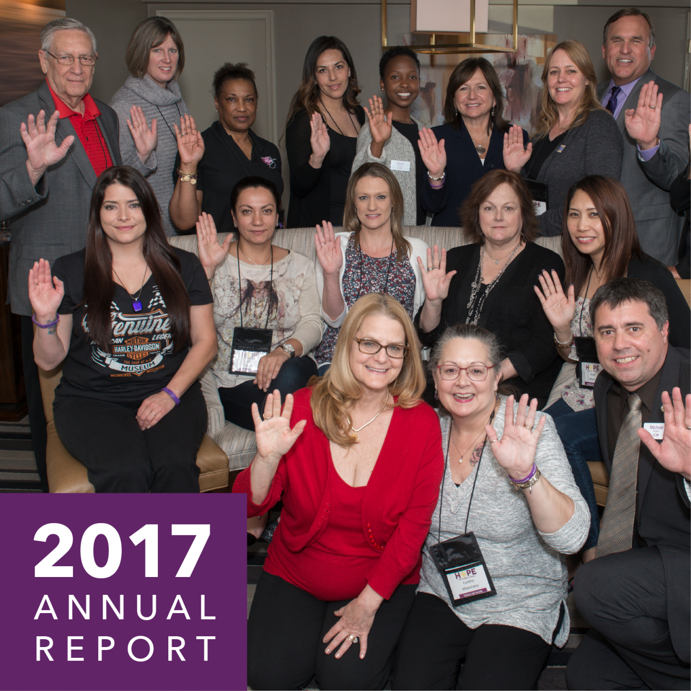 A group of smiling people pose for a photo. Text reads 2017 Annual Report.
