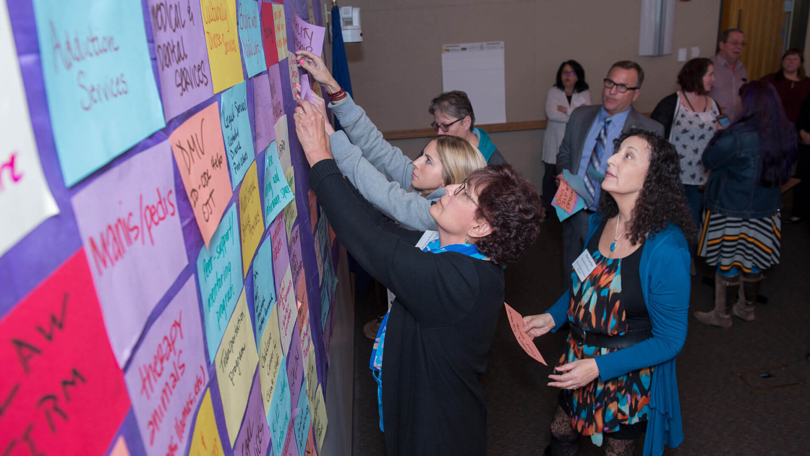 A group of people reaching up to place colorful sticky notes on a board