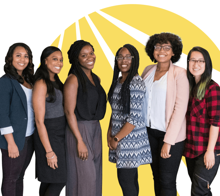 A group of women standing with the Alliance For HOPE logomark in the background